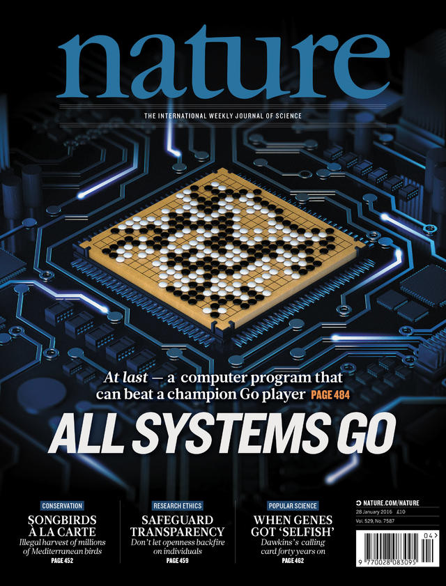 描述AlphaGo研究成果的论文成为了1月28日的《自然》杂志的封面文章。图片来源：Nature/Google DeepMind